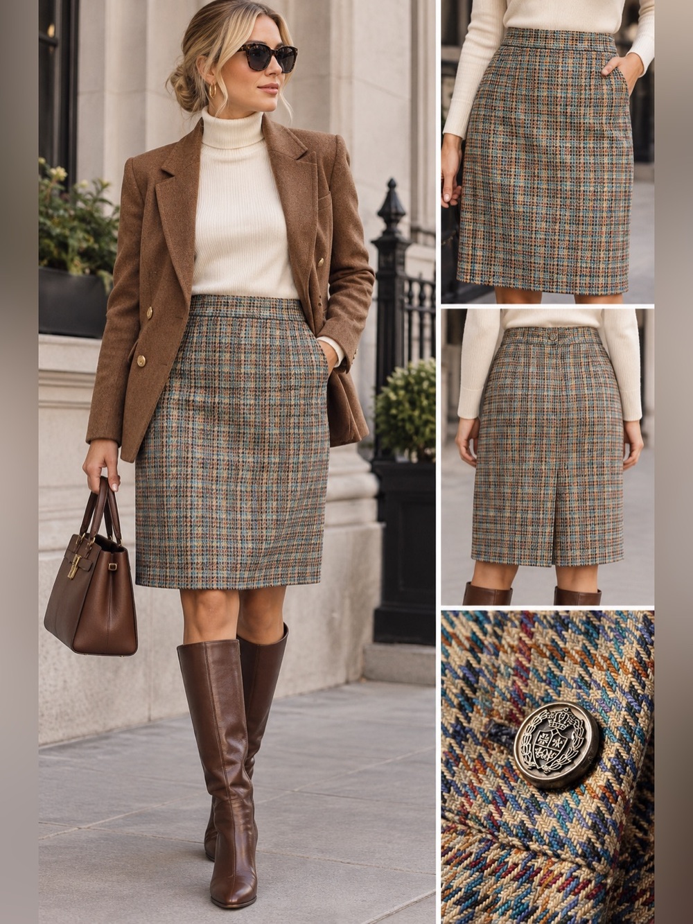 Sag Harbor Plaid A-Line Skirt in Camel, Teal and Burgundy